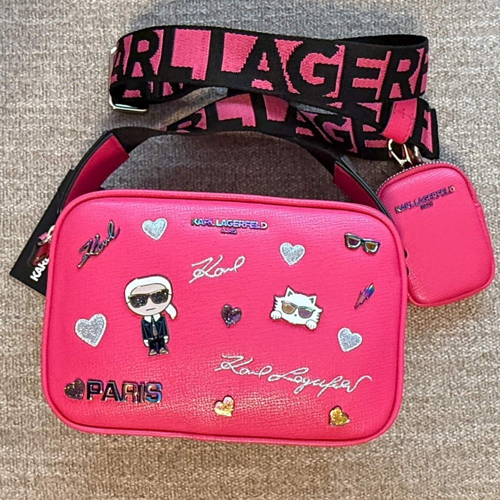 Karl Lagerfeld Hot Pink Fuchsia Iridescent Charm Crossbody Bag, NWT, # LH5EK9BJ